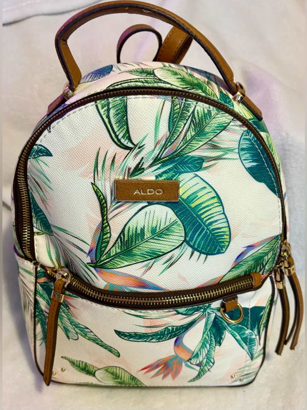 ALDO Cream Mini Backpack with Green Tropical Leaf Print